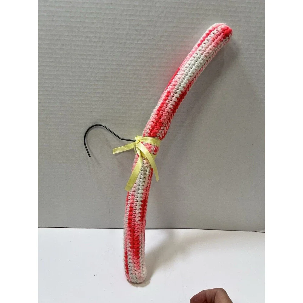 Vintage 1970s Crocheted Wood Hangers Set of 5 Green Yellow Pink Mod MCM 16.5